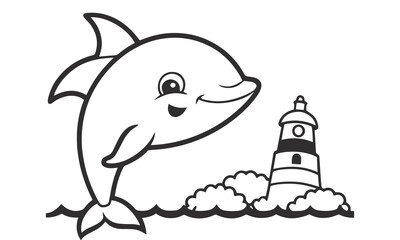 Simple Black and White Cartoon Dolphin with Lighthouse and Ocean Waves