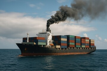 Fototapeta premium Massive cargo ship navigating the open sea while releasing black smoke from its stack on a bright sunny day Generative AI