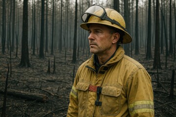 A determined firefighter surveys the aftermath of a recent wildfire, surrounded by stark blackened trees and scorched earth