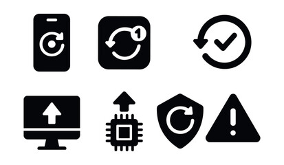 Solid style icons of app and system updates: software update icon, app refresh badge, update in progress symbol, completed update check, system upgrade icon, firmware update arrow, patch installation