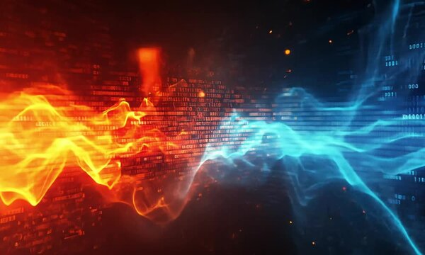 Fiery Digital Conflict: Binary Code engulfed in Inferno and Glacial Streams