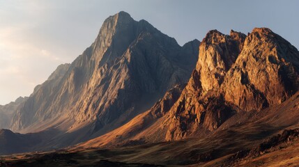 Fototapeta premium Majestic Mountain Range at Sunrise, Symbolizing Exploration and Outdoor Adventure for Travel and Tourism Marketing Campaigns : Generative AI