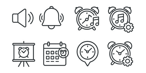 Line style icons of alarm settings: volume control icon, vibration mode badge, music wake-up tag, alarm tone file, repeat alarm board, wake-up schedule chart, set time bubble, alarm customization