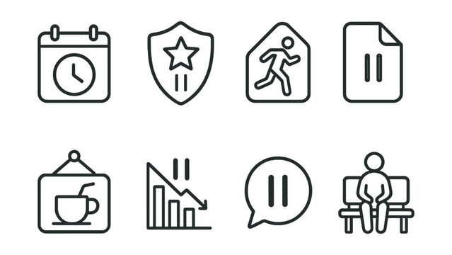 Line style icons of break time reminders: scheduled pause icon, rest reminder badge, active break tag, time-out file, refreshment board, focus pause chart, relaxation alert bubble, take a break
