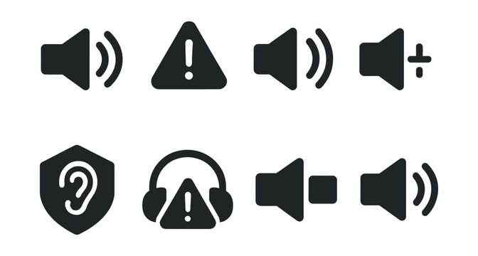 Solid style icons of volume limits and safety: max volume warning, loud sound alert, hearing risk badge, sound level limiter, safe zone volume icon, noise threshold mark, headphone warning, limit