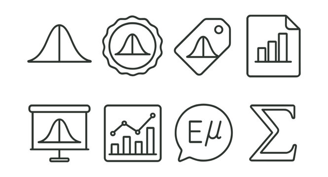 Line style icons of probability and statistics diagrams: bell curve icon, normal distribution badge, probability chart tag, data sampling file, distribution curve board, statistical analysis chart,