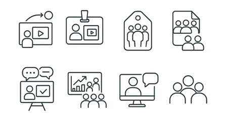 Line style icons of presentation collaboration: shared slide icon, co-presenter badge, team editing tag, collaborative slide file, feedback comments board, team update chart, shared screen bubble,