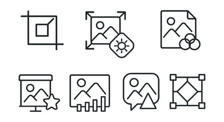 Line style icons of image editing in presentations: crop icon, image resize badge, adjust brightness tag, color filter file, add effect board, image enhancement chart, sharpen image bubble, design