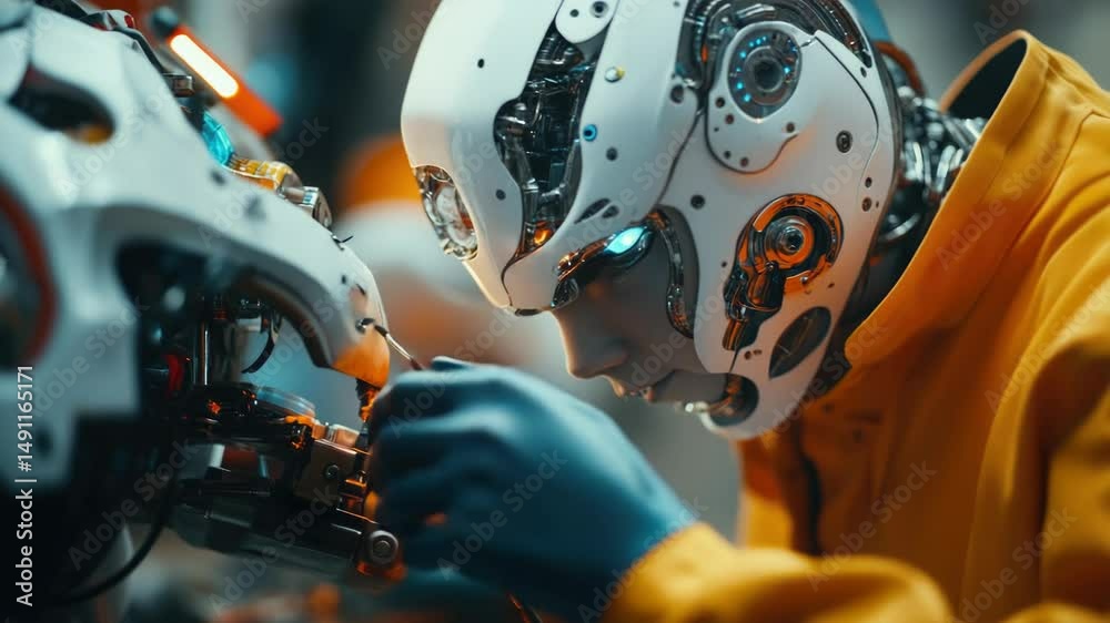 Poster a person in a yellow jacket works on a robotic device, with various tools and components nearby