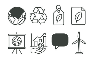 Line style icons of environmental protection: green planet icon, recycle badge, nature preservation tag, eco-friendly file, sustainability board, earth care chart, climate change bubble, clean energy