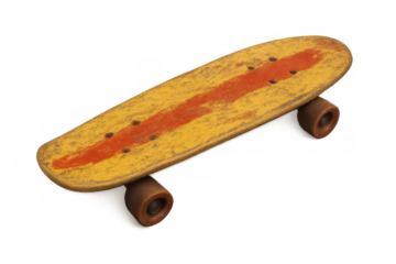 Old and used skateboard with orange stripe isolated on transparent background, perfect for extreme sports and vintage projects