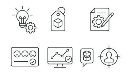 Line style icons of product development: product idea icon, prototype badge, development cycle tag, design file, user feedback board, testing chart, production bubble, market fit symbol.