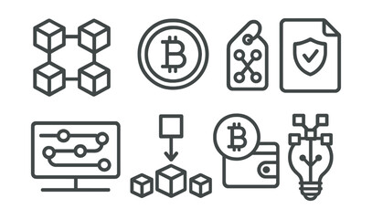 Line style icons of blockchain technology: blockchain icon, cryptocurrency badge, decentralized tag, secure transaction file, ledger board, block creation chart, digital wallet bubble, blockchain