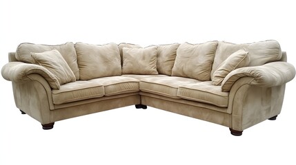 Fototapeta premium Beige corner sectional sofa against a white background.