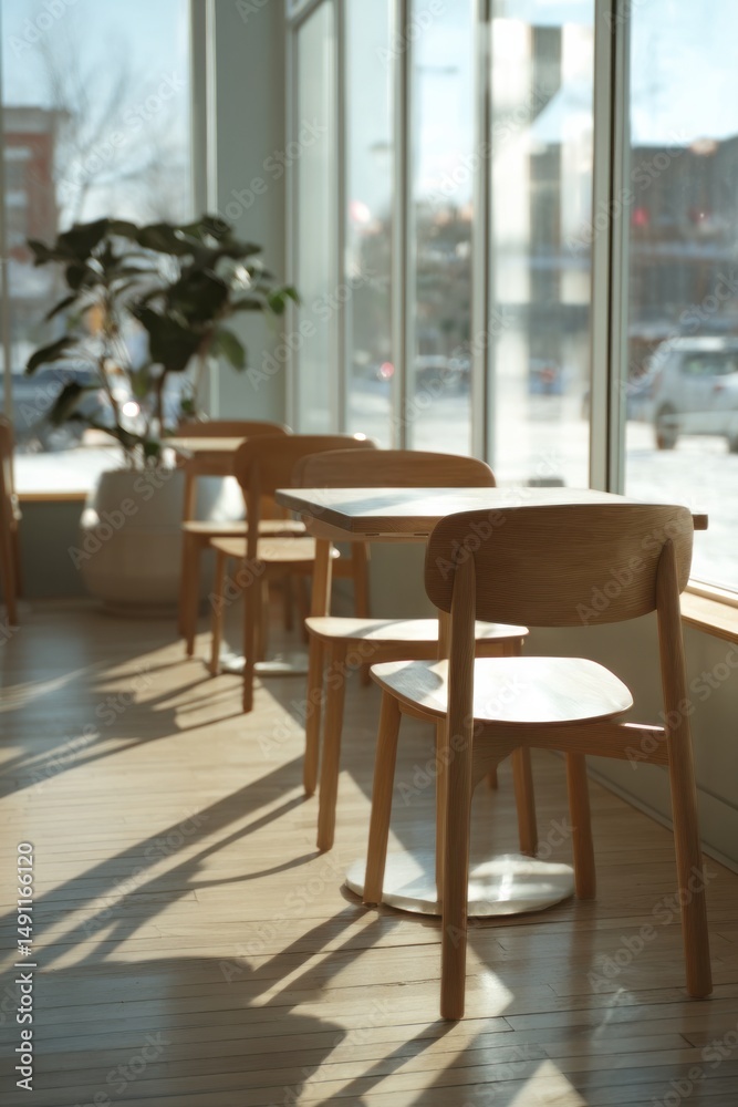 Aufkleber empty tables and chairs in a bright cafe near a window, representing hospitality and a welcoming atm