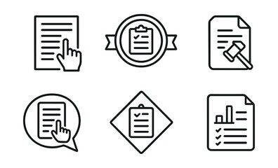 Line style icons of exam instructions: instructions icon, guidelines badge, exam rules tag, paper format file, marking scheme board, exam tips chart, reading instructions bubble, guidelines symbol.
