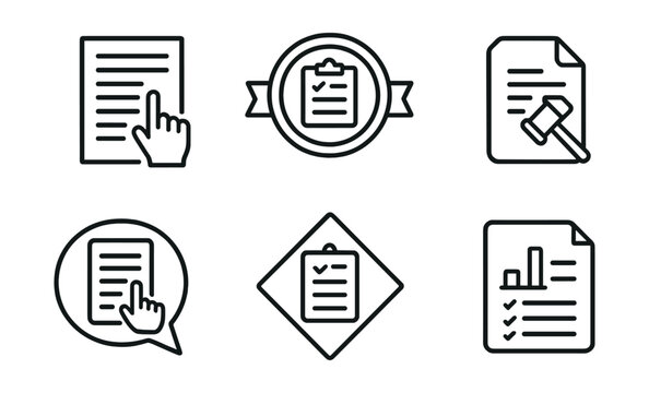 Line style icons of exam instructions: instructions icon, guidelines badge, exam rules tag, paper format file, marking scheme board, exam tips chart, reading instructions bubble, guidelines symbol.