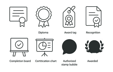 Line style icons of certificate awards: certificate icon, diploma badge, award tag, recognition file, completion board, certification chart, authorized stamp bubble, awarded symbol.