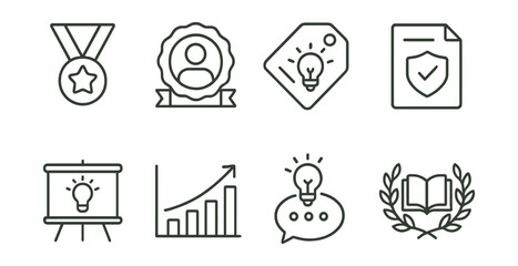 Line style icons of educational innovation awards: teaching award icon, innovative educator badge, curriculum development tag, pedagogical excellence file, educational reform board, teaching impact