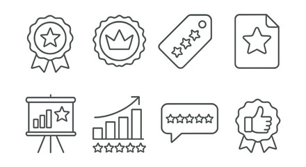 Line style icons of top-rated products: bestseller icon, top choice badge, five-star product tag, popular item file, product rank board, consumer rating chart, best reviewed bubble, customer choice