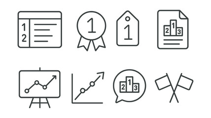 Line style icons of competitive rankings: leaderboard icon, winner’s rank badge, top spot tag, competition results file, rank chart board, position updates chart, competition ranking bubble,