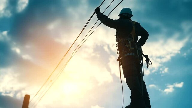 A power line worker&rsquo;s silhouette suspended by a harness, adjusting electrical cables high above the ground, emphasizing precision and danger.