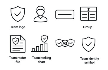 Line style icons of tournament teams: team logo icon, player badge, team name tag, team roster file, competition group board, team ranking chart, matchup bubble, team identity symbol.