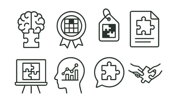 Line style icons of puzzle competitions: brain teaser icon, crossword badge, logic game tag, puzzle challenge file, solution board, mind game chart, quiz results bubble, puzzle-solving symbol.