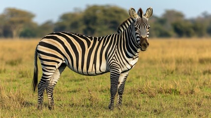 Naklejka premium Plains Zebra Standing in African Savanna Grassland