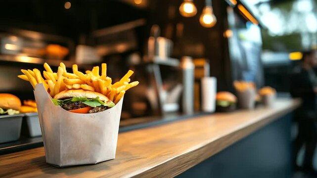 A modern food truck with a rustic wooden counter, serving steaming hot fries in paper cones and juicy burgers wrapped in parchment paper.