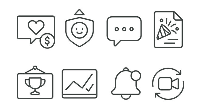 Line style icons of stream alerts: donation alert icon, follower alert badge, message pop-up tag, milestone celebration file, achievement notification board, goal reached chart, alert notification