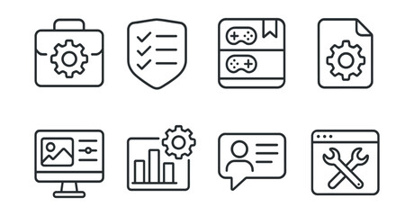 Line style icons of mod management: mod manager icon, content organizer badge, game library tag, mod selector file, content control board, mod settings chart, user preferences bubble, modding
