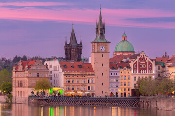 Obraz premium Old Town Water Tower at sunset in Prague, Czech Republic