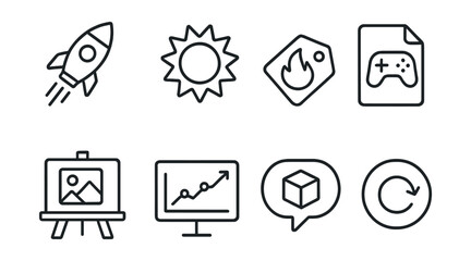 Line style icons of mod release: mod launch icon, new release badge, hotfix tag, game update file, new content board, feature release chart, mod drop bubble, update release symbol.