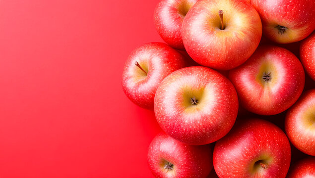Fresh red apples on vibrant background. Bright red apples are stacked together on a smooth red surface, showcasing their shiny skin and inviting appearance.