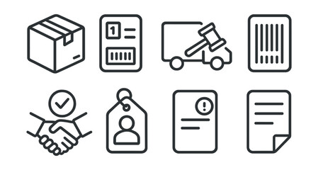 Line style icons of auction logistics and delivery: packaging item icon, shipping label with lot number, delivery truck + gavel icon, item tracking barcode, handoff confirmation symbol, winner info