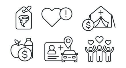 Line style icons of crowdfunding for emergencies: disaster relief tag, urgent need icon, fast fund alert, temporary shelter icon, food and water badge, emergency contact card, transport support icon,