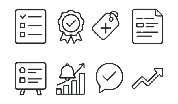 Line style icons of to-do list: task icon, checkbox badge, add task tag, task progress file, pending list board, task reminder chart, completed task bubble, next steps symbol.