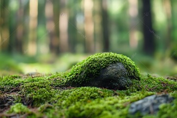 A stone covered with green moss on a blurred forest background. Close-up. Natural background with copy space for your design.

