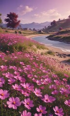 Pink & purple cosmos waves, idyllic rural scene,  graphic,  botany,  flowers