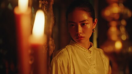 Young Asian Woman in Modern Cotton Shirt Near Candles Creating a Serene and Thoughtful Atmosphere