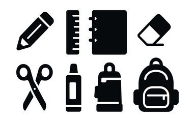 Solid style icons of school supplies: pencil, ruler, notebook, eraser, scissors, glue stick, backpack, calculator.
