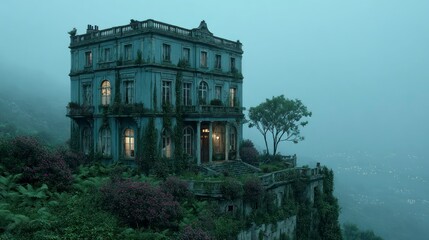 Obraz premium Enchanted Mansion Overlooking the Misty Sea with Lush Gardens and Illuminated Windows