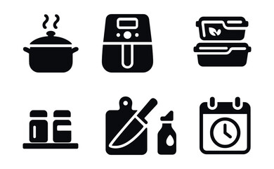 Solid style icons of healthy cooking: steaming pot, air fryer icon, stir-fry pan, meal prep containers, cooking oil limit, spice rack, chopping board, cooking schedule.