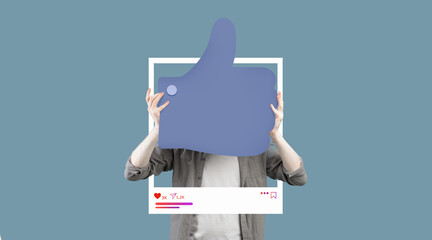 A person holds a large thumbs up symbol in front of a stylized social media frame, reflecting an online presence. This collage highlights engagement in content creation and influencer culture.