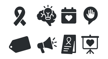 Solid style icons of mental health awareness: awareness ribbon, brain with lightbulb, mental health day icon, support sticker, stigma-free tag, campaign megaphone, outreach flyer, awareness event.
