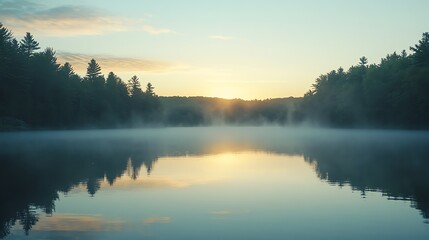 Fototapeta premium A peaceful lake is shrouded in fog as the sunrise illuminates the water.