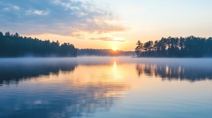 Naklejka premium A serene lake is shrouded in fog as the sunrise illuminates the water.