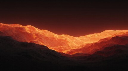Digital illustration of a mountain range at sunset. the sky is a deep orange color, with the sun setting in the background, casting a warm glow over the mountains.