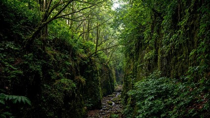 Obraz premium Lush jungle gorge with moss covered walls and verdant trees creating a mystical enveloping atmosphere